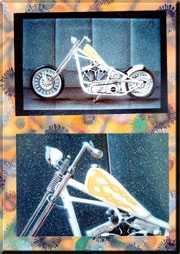 14 inch airbrush painting with acrylics, by T.O., of T.M.'s custom Harley